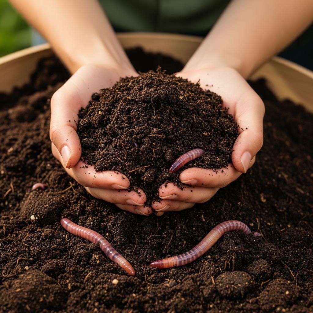 Vermicompost in hands with earthworms