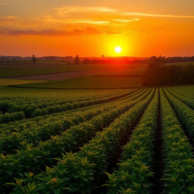 Sunset over green farmland